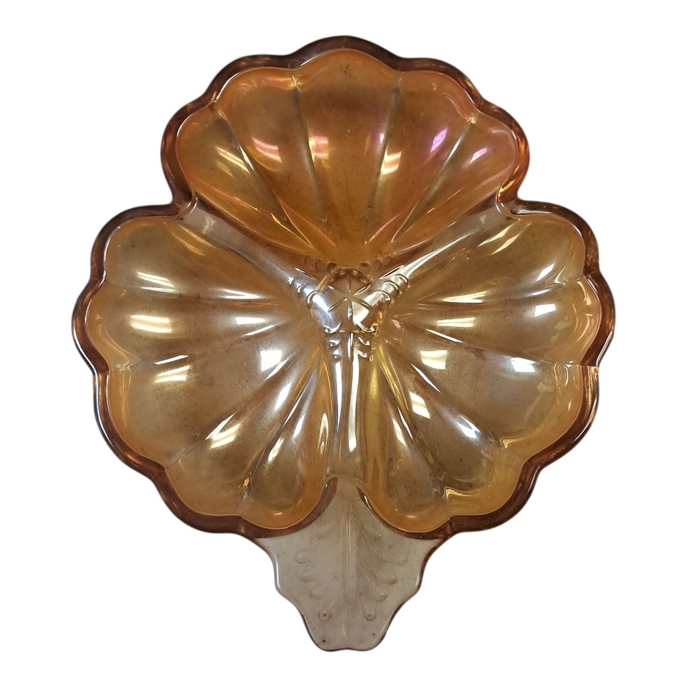 VTG Depression Carnival Glass Iridescent Marigold Gold 3 Leaf Clover Candy Dish